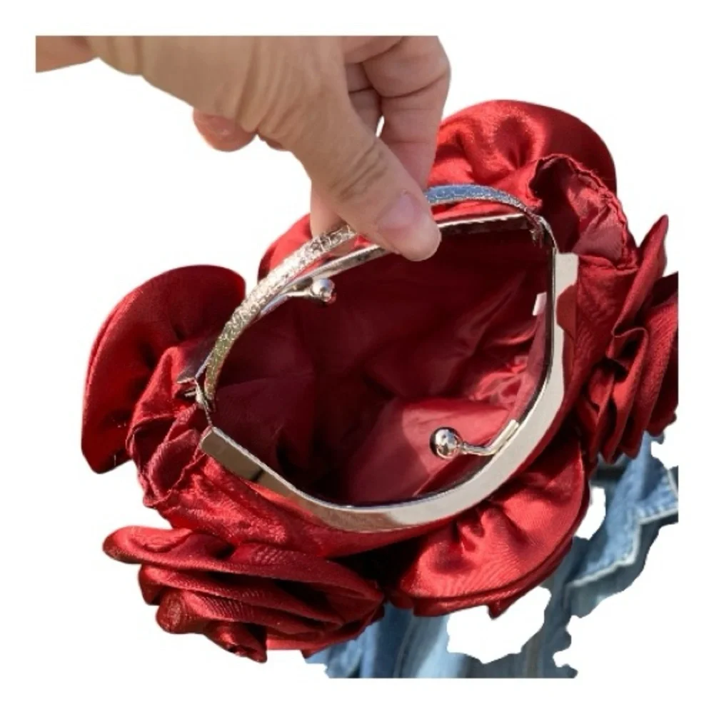 Elegant Red Rose Clutch with Silver Handle Formal Holiday